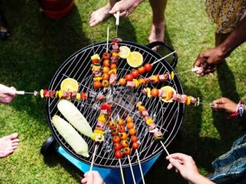Tasteful Food On A Picnic With BBQ Transportable Grill
